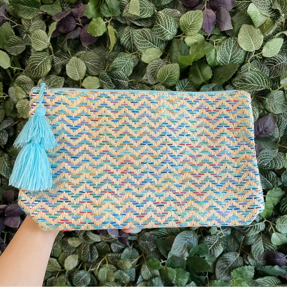 Lancome Cosmetic Makeup Bag/ Beachy clutch, Multicolor, zip top with Blue Tassel